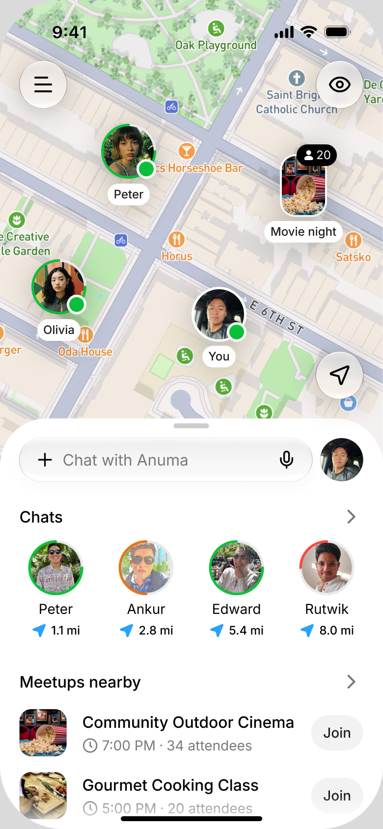 Anuma home map with chats and meetups nearby