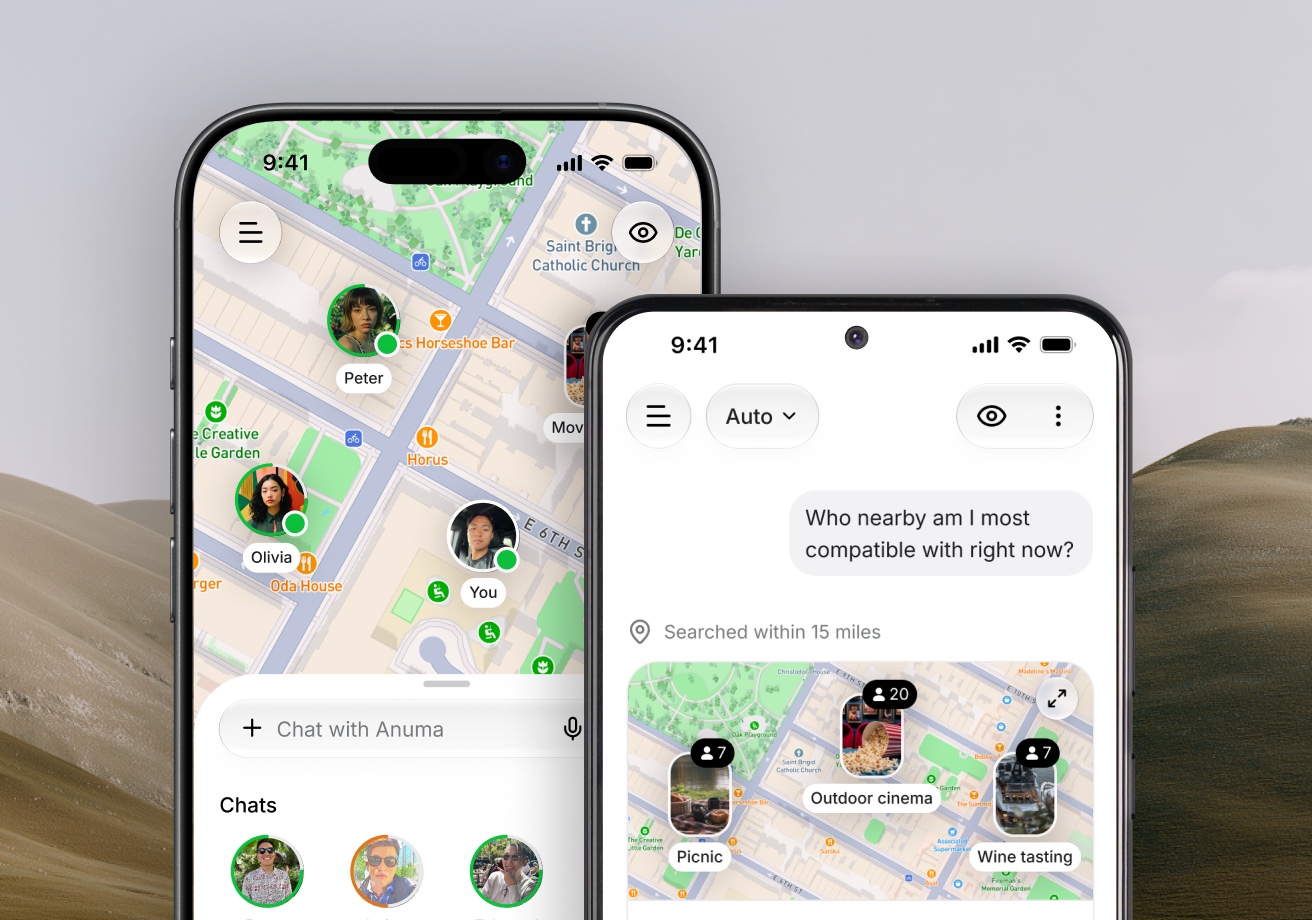 Two phones showing the Anuma map of people nearby and compatibility results