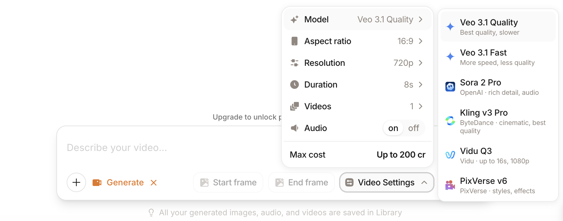 Video Studio — model picker with Veo, Sora, Kling