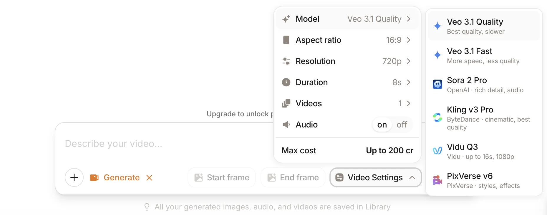 Video Studio — model picker with Veo, Sora, Kling