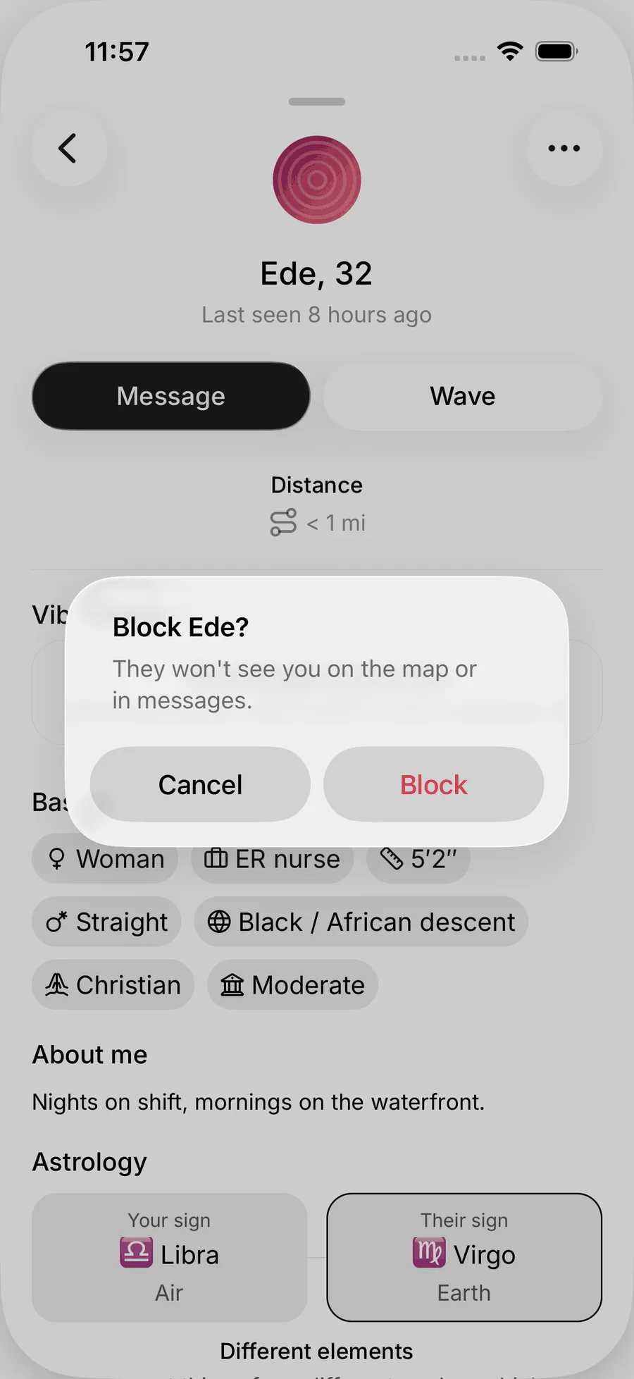 The block confirmation on iOS, which says they won't see you on the map or in messages, with Cancel and Block buttons