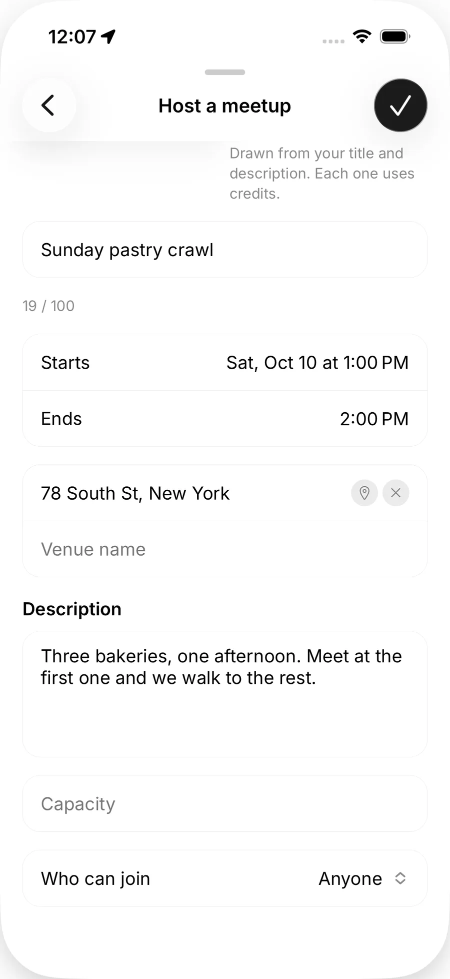 The Host a meetup form on iOS filled in with a title, Starts and Ends times, an address, Venue name, Description, Capacity and Who can join set to Anyone