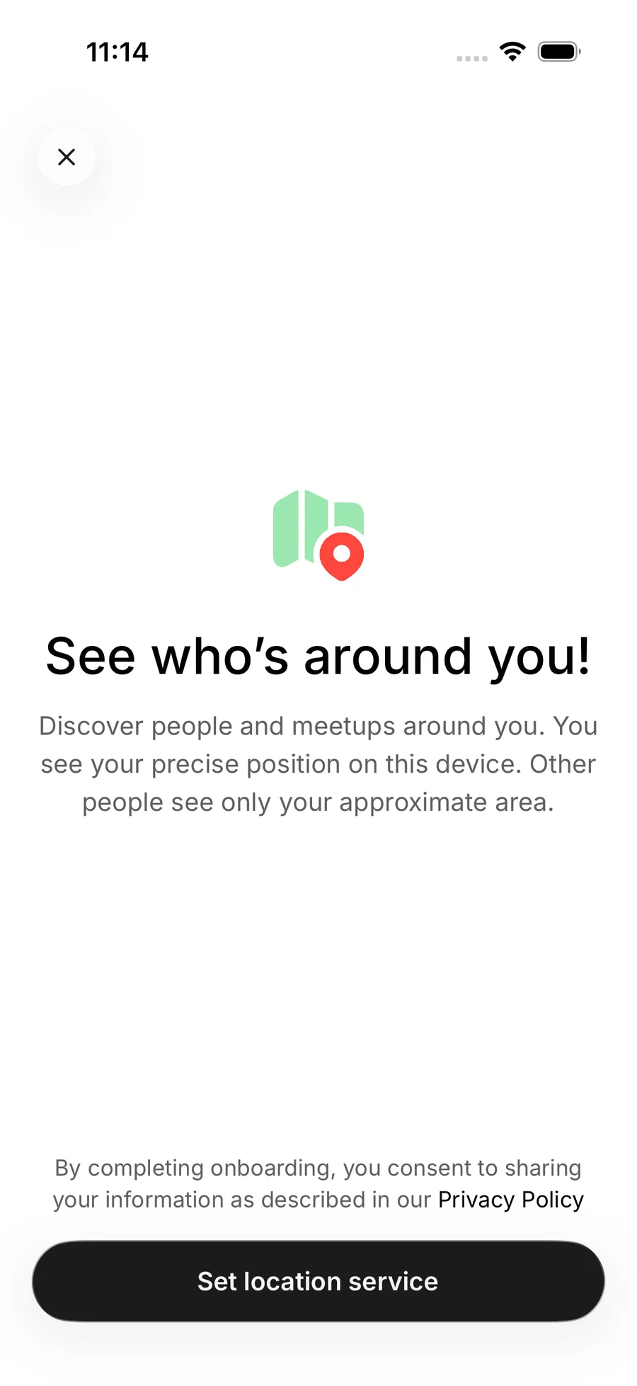 The first Nearby setup screen on iOS, See who's around you, with a Set location service button