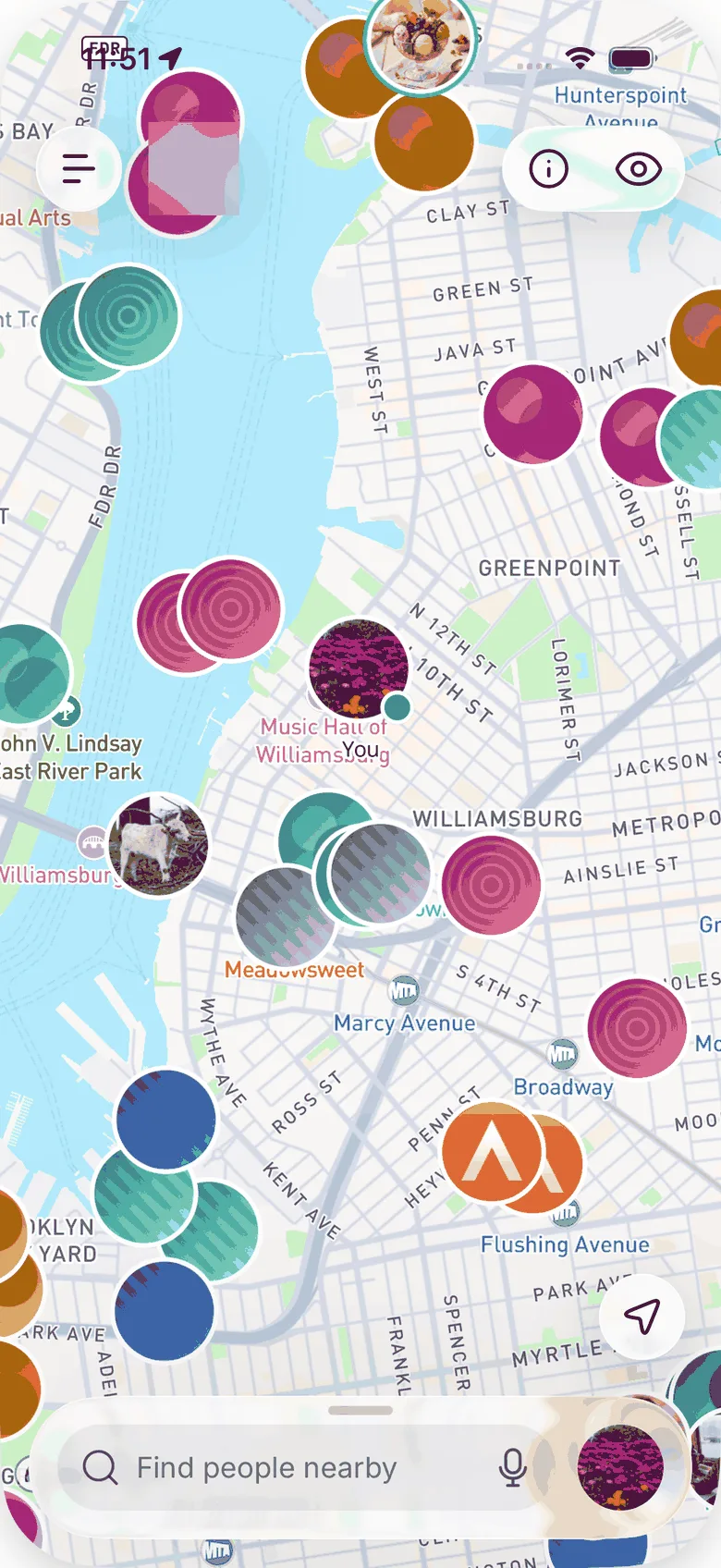 The Nearby map on iOS with the bottom sheet collapsed, showing the menu button, the info and eye buttons in the header, and the Find people nearby bar