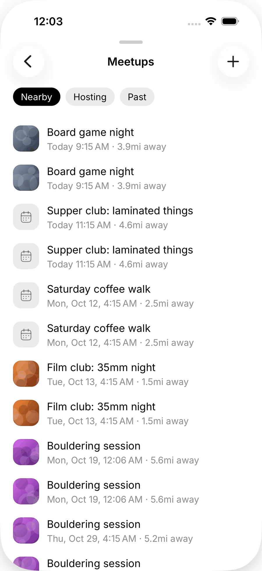 The Meetups list on iOS with Nearby, Hosting and Past tabs, upcoming meetups with their time and distance, and a plus button to host one