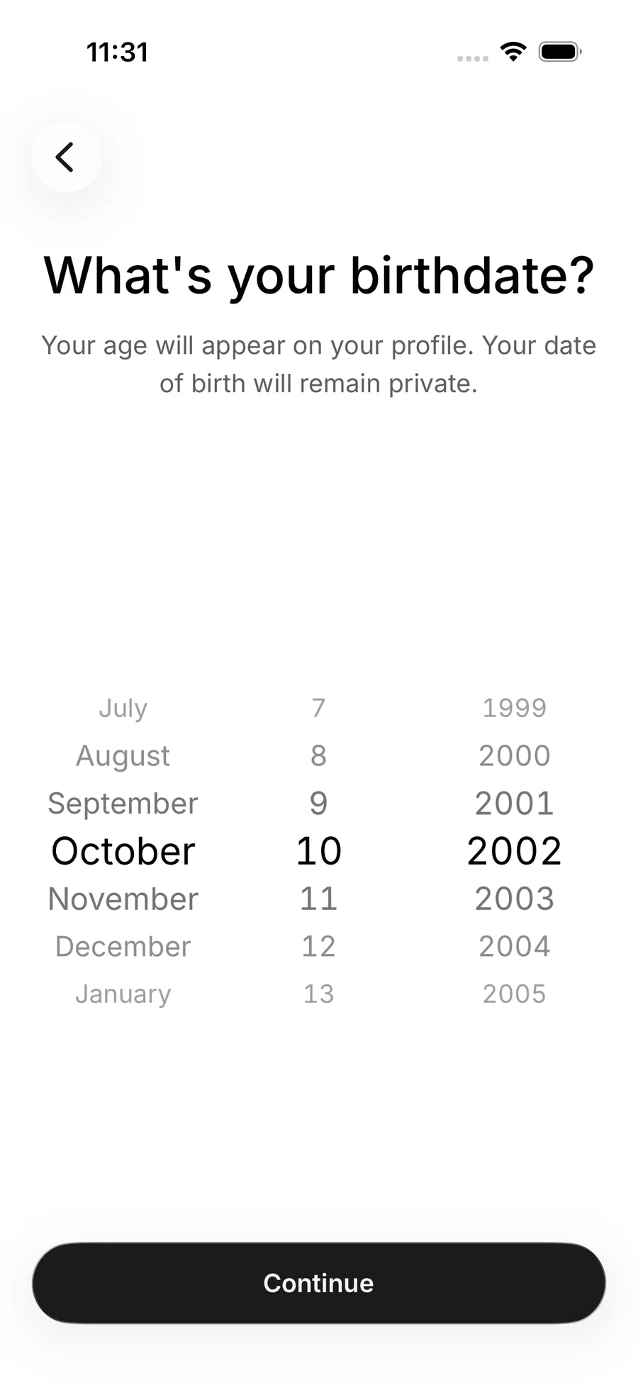 The birthdate step on iOS with a month, day and year wheel picker and a note that only your age appears on your profile