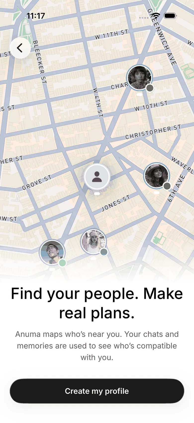 The Nearby intro screen on iOS, showing a map with people pins and a Create my profile button