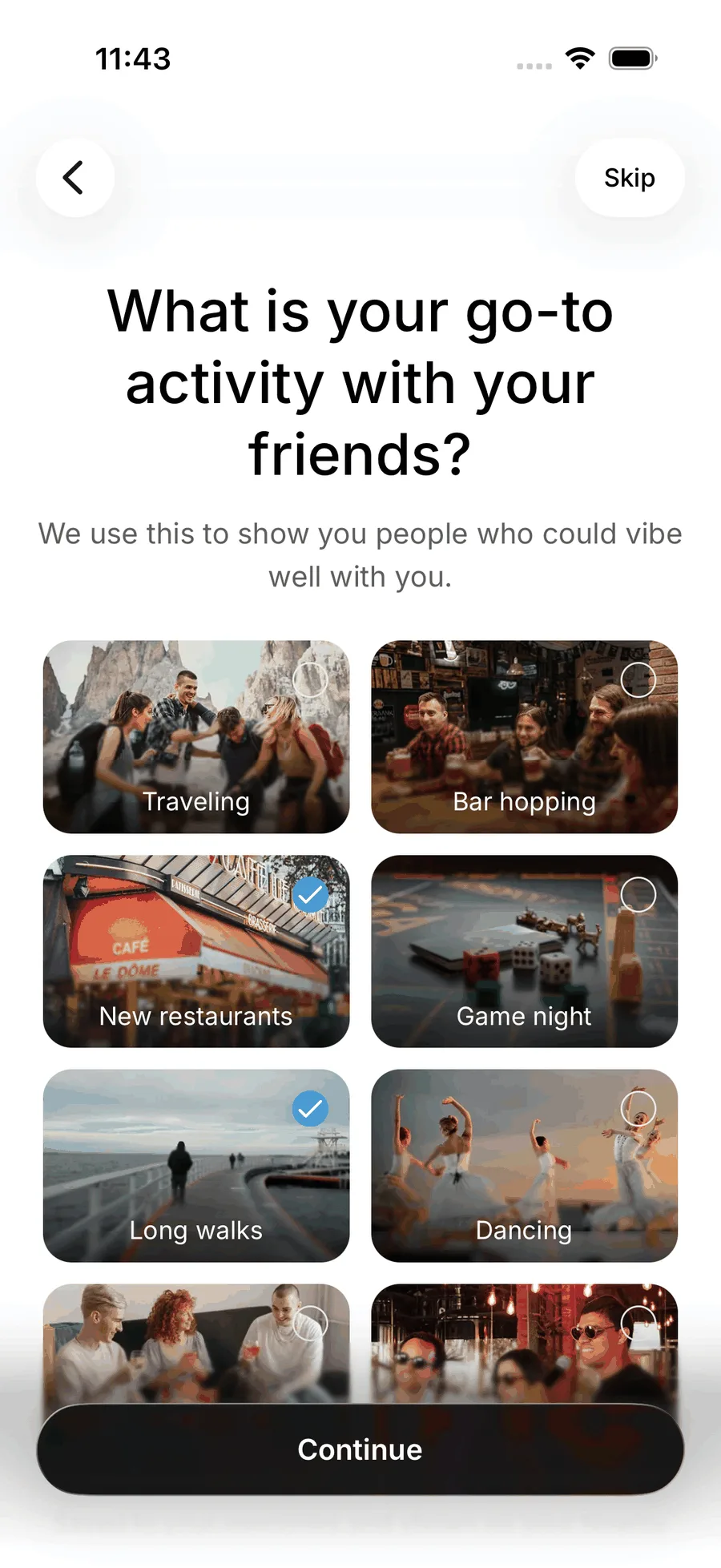 A question step on iOS, What is your go-to activity with your friends, with photo tiles and two of them selected