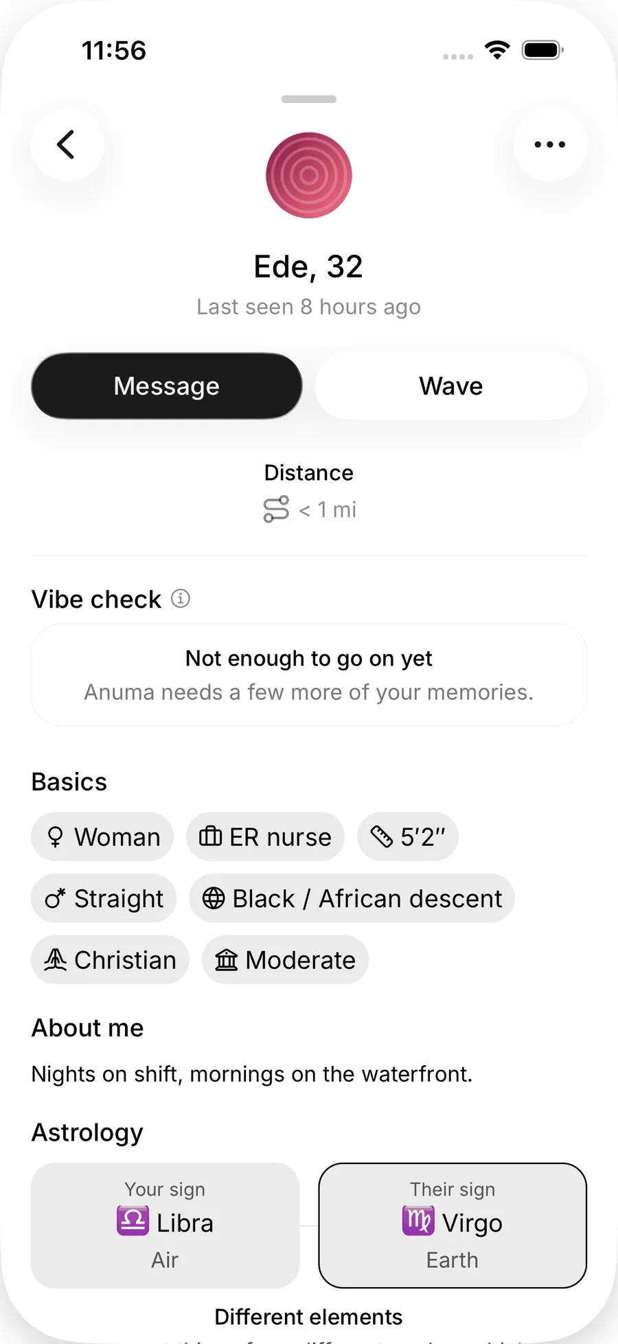 A person's Nearby profile on iOS with Message and Wave buttons, distance, the vibe check, Basics chips, About me and an astrology comparison