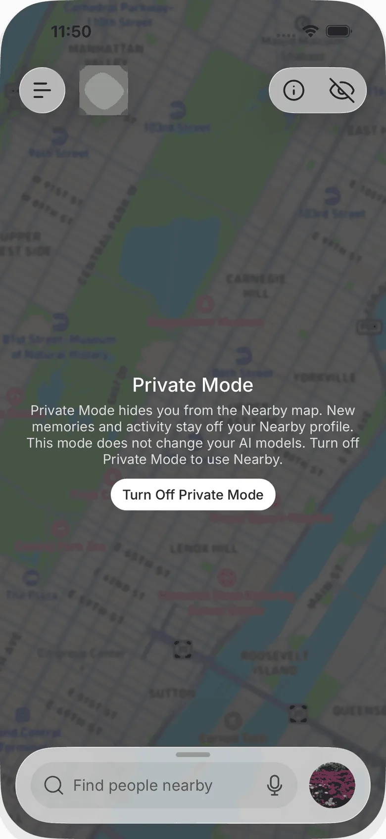 Private mode on iOS: the map is dimmed, the eye icon is crossed out, and a Turn Off Private Mode button sits in the middle