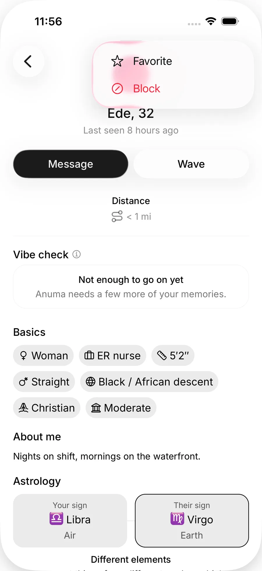 The actions menu on a person's profile on iOS with Favorite and Block