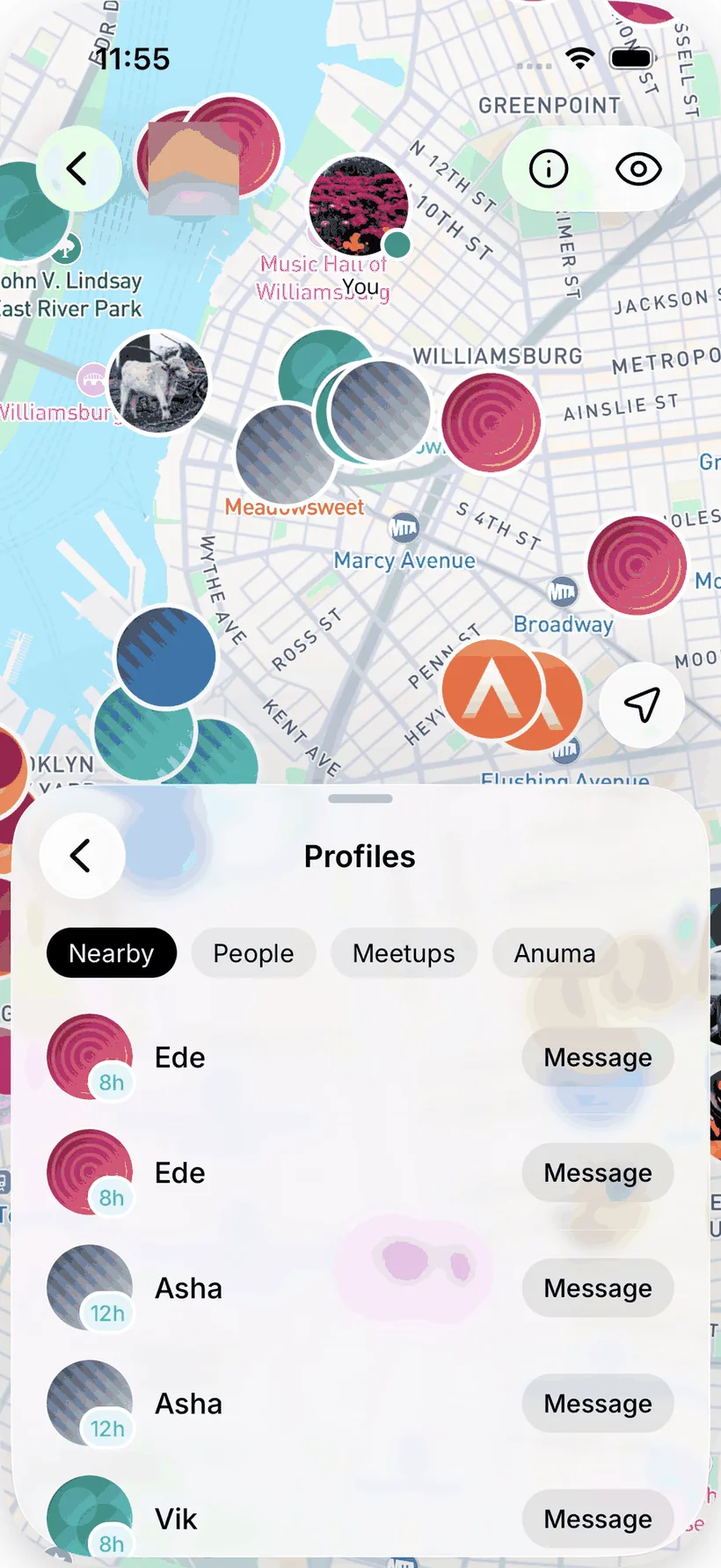 The Profiles list on iOS with Nearby, People, Meetups and Anuma tabs, a last-seen badge on each photo and a Message button on each row