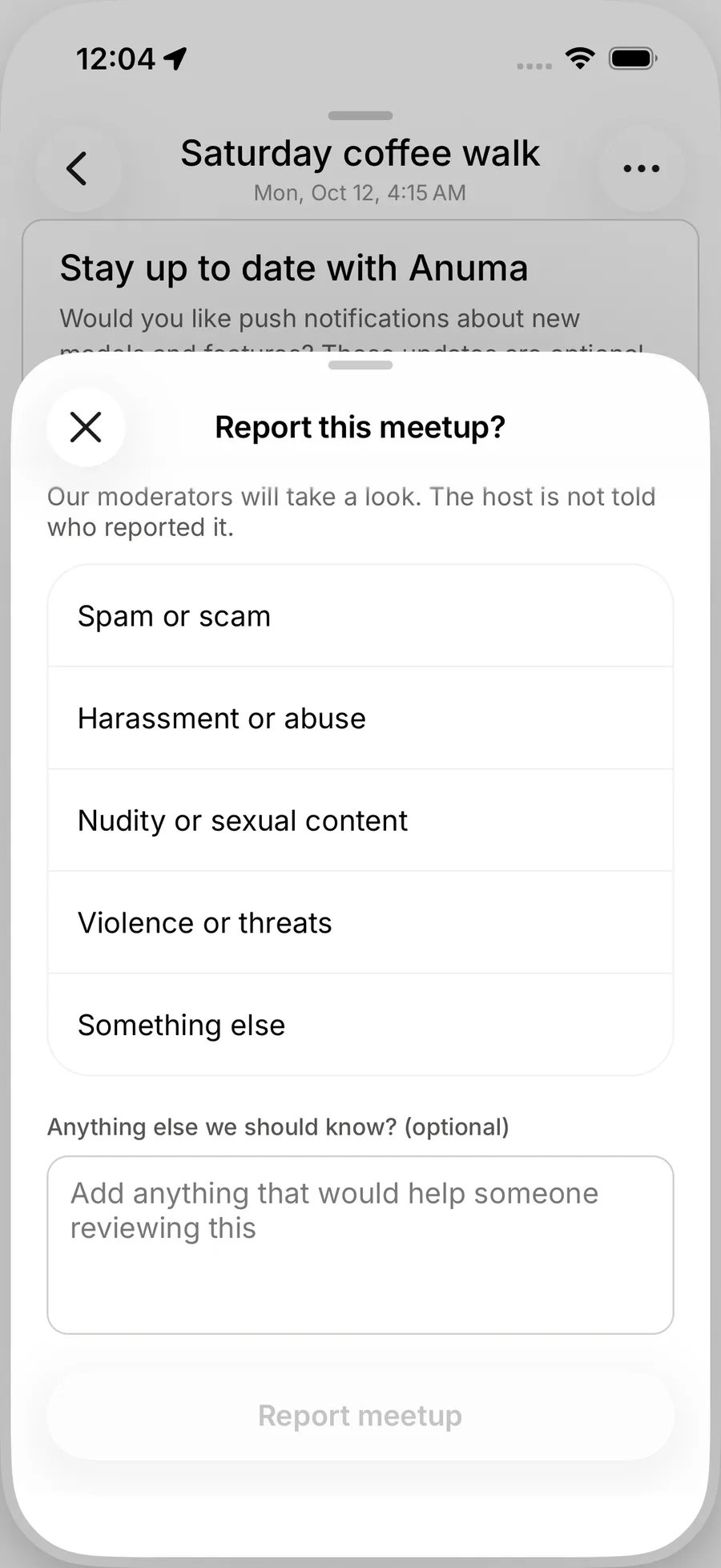 The Report this meetup sheet on iOS with a list of reasons, an optional detail box and a Report meetup button