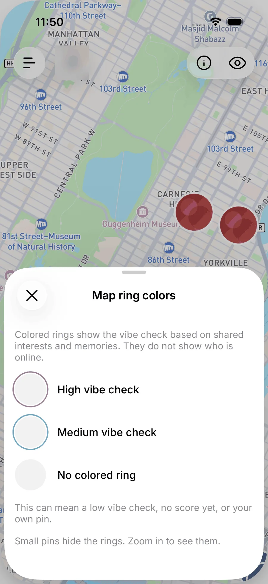 The Map ring colors sheet on iOS listing High vibe check, Medium vibe check and No colored ring