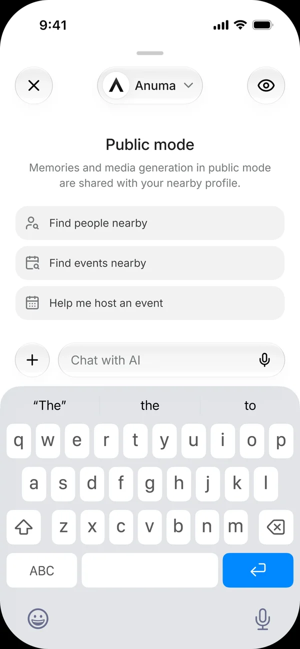 Chatting with Anuma in public mode, with shortcuts to find people nearby, find events nearby and host an event
