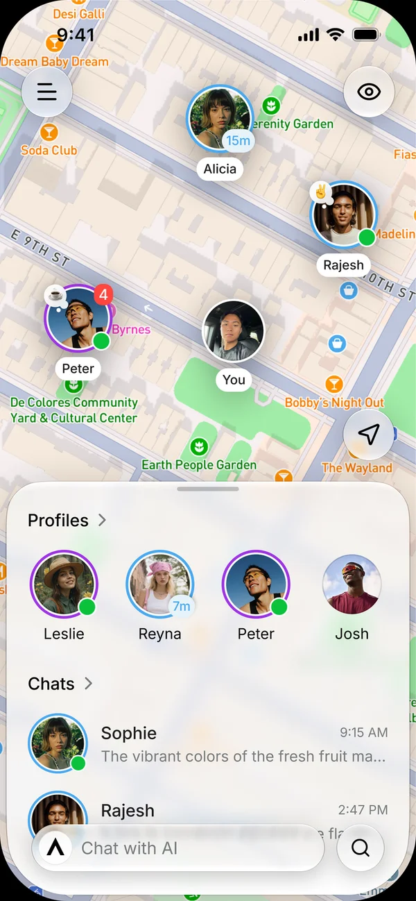 The Nearby map in Anuma with people pinned around you, profiles nearby and recent chats