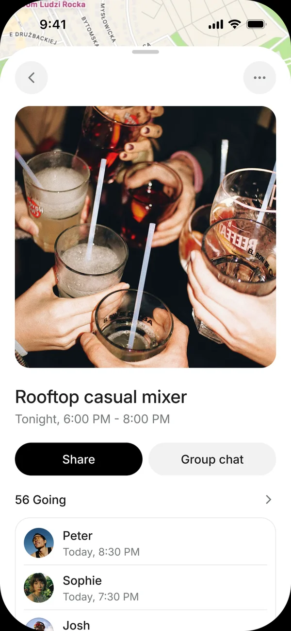 A rooftop meetup in Anuma showing who is going and a button to open the group chat